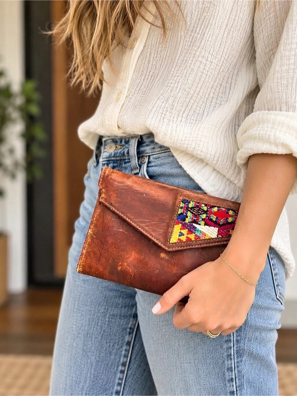 Consuela Leather-Look Embroidered Envelope Clutch in Brown
